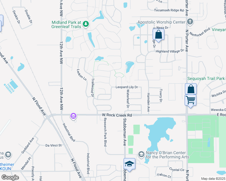 map of restaurants, bars, coffee shops, grocery stores, and more near 2600 Ga Zump Drive in Norman