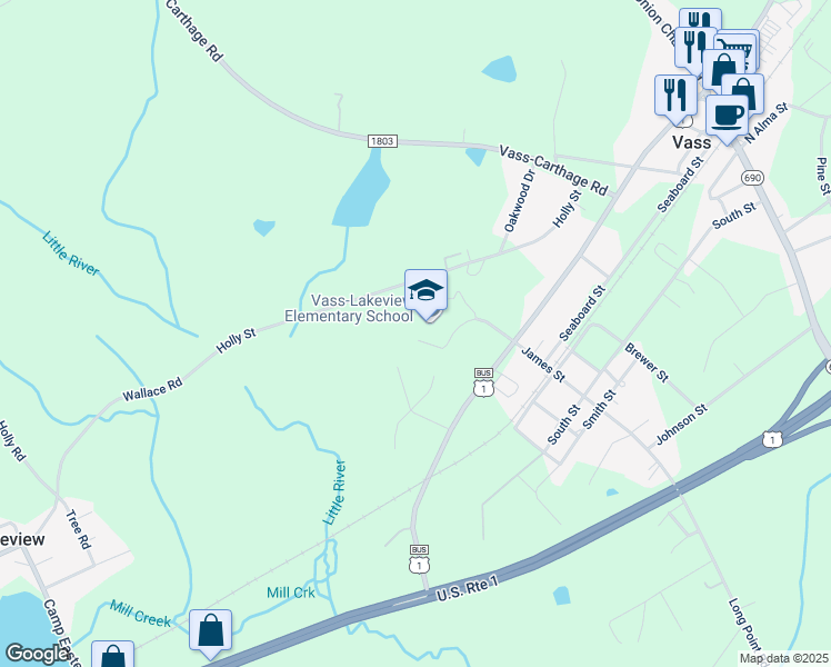 map of restaurants, bars, coffee shops, grocery stores, and more near 141 James Street in Vass