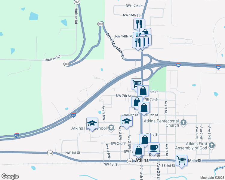 map of restaurants, bars, coffee shops, grocery stores, and more near 407 Northwest 8th Street in Atkins