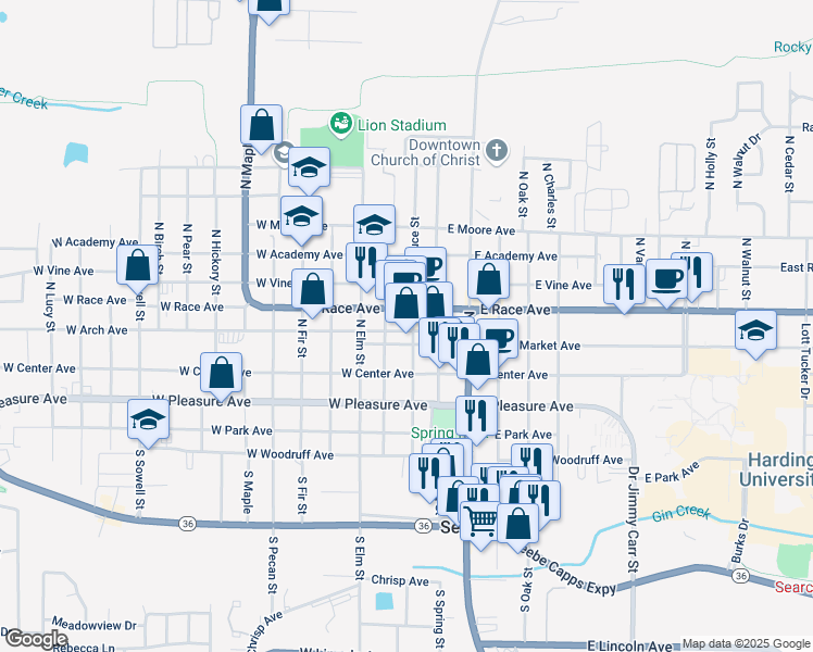 map of restaurants, bars, coffee shops, grocery stores, and more near 301 North Spruce Street in Searcy