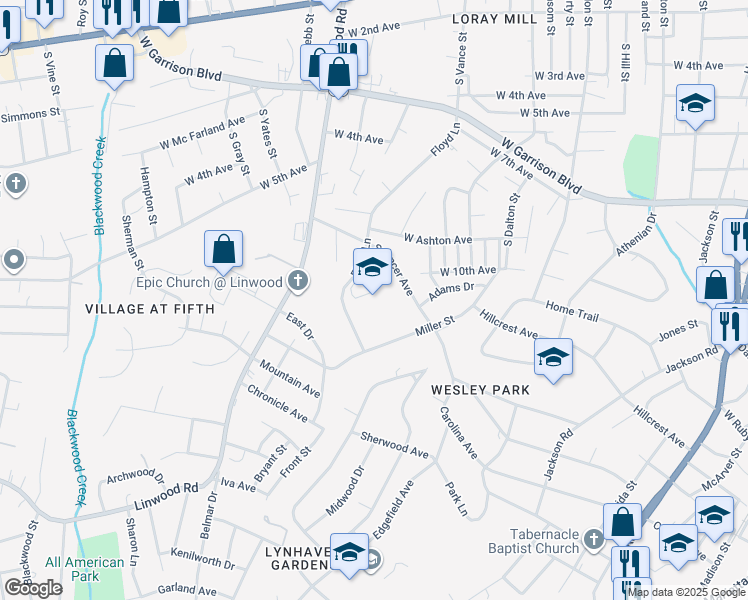 map of restaurants, bars, coffee shops, grocery stores, and more near 1260 Floyd Lane in Gastonia