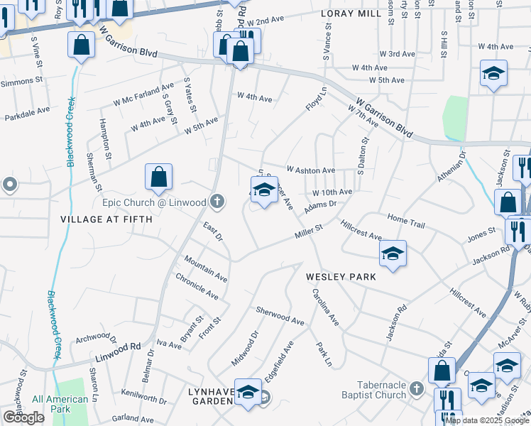 map of restaurants, bars, coffee shops, grocery stores, and more near 1260 Floyd Lane in Gastonia