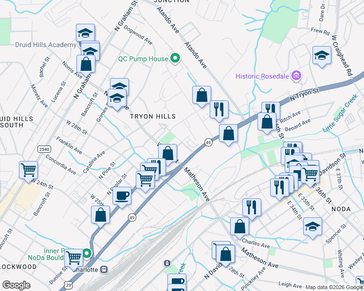 map of restaurants, bars, coffee shops, grocery stores, and more near 115 West 31st Street in Charlotte