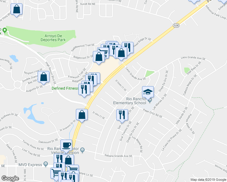 map of restaurants, bars, coffee shops, grocery stores, and more near 3908 La Frente Court Southeast in Rio Rancho