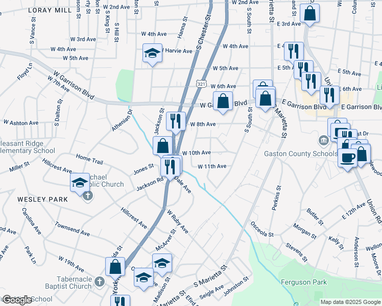 map of restaurants, bars, coffee shops, grocery stores, and more near 1101 Edgewood Circle in Gastonia