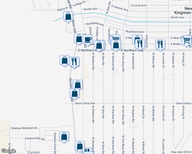 map of restaurants, bars, coffee shops, grocery stores, and more near 4370 North Shadow Road in Kingman