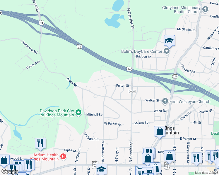 map of restaurants, bars, coffee shops, grocery stores, and more near 607 Mica Street in Kings Mountain
