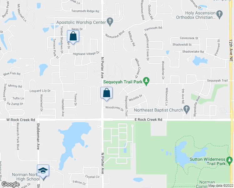 map of restaurants, bars, coffee shops, grocery stores, and more near 209 Woodside Drive in Norman