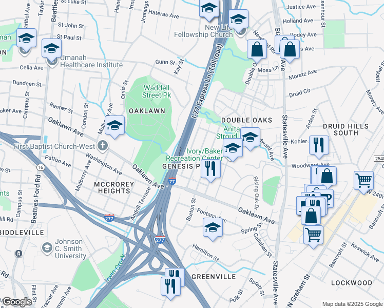 map of restaurants, bars, coffee shops, grocery stores, and more near 1912 Genesis Park Place in Charlotte