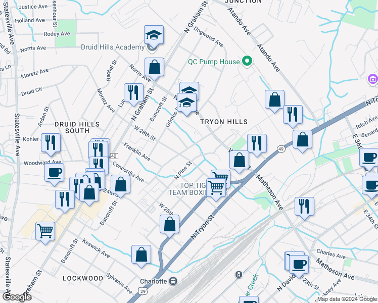 map of restaurants, bars, coffee shops, grocery stores, and more near 2514 Catalina Avenue in Charlotte