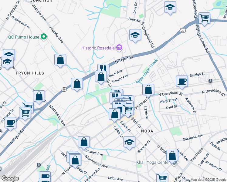 map of restaurants, bars, coffee shops, grocery stores, and more near 3500 Philemon Avenue in Charlotte