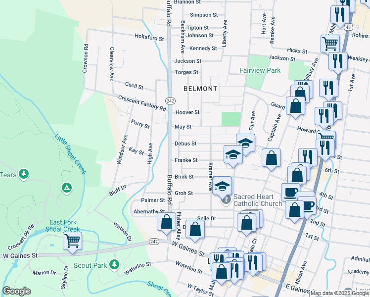 map of restaurants, bars, coffee shops, grocery stores, and more near 325 Debus Street in Lawrenceburg