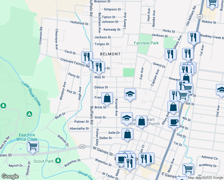 map of restaurants, bars, coffee shops, grocery stores, and more near 311 Debus Street in Lawrenceburg