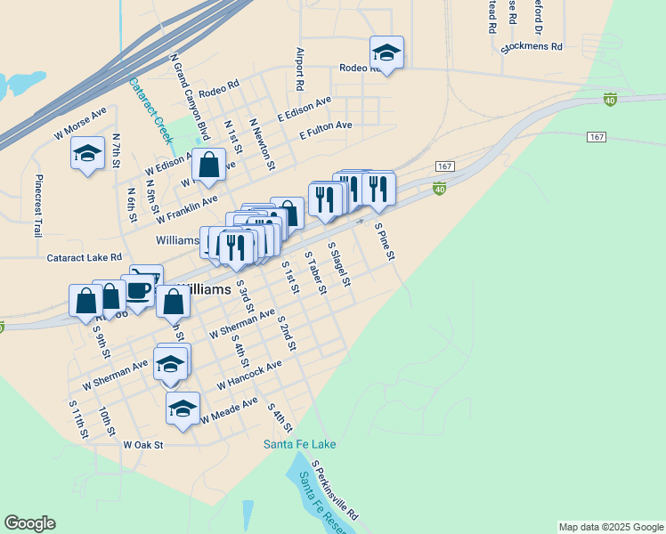 map of restaurants, bars, coffee shops, grocery stores, and more near 211 South Taber Street in Williams
