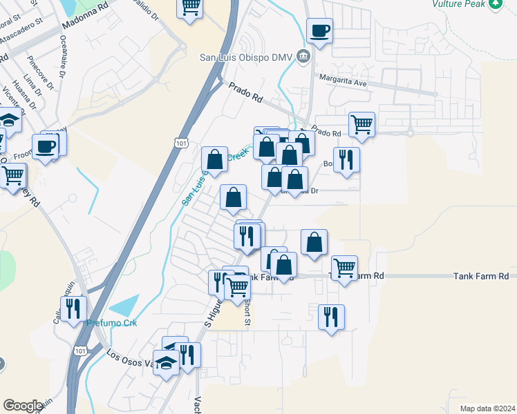 map of restaurants, bars, coffee shops, grocery stores, and more near 3740 South Higuera Street in San Luis Obispo