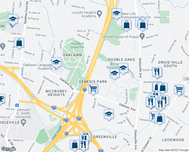 map of restaurants, bars, coffee shops, grocery stores, and more near 1912 Genesis Park Place in Charlotte