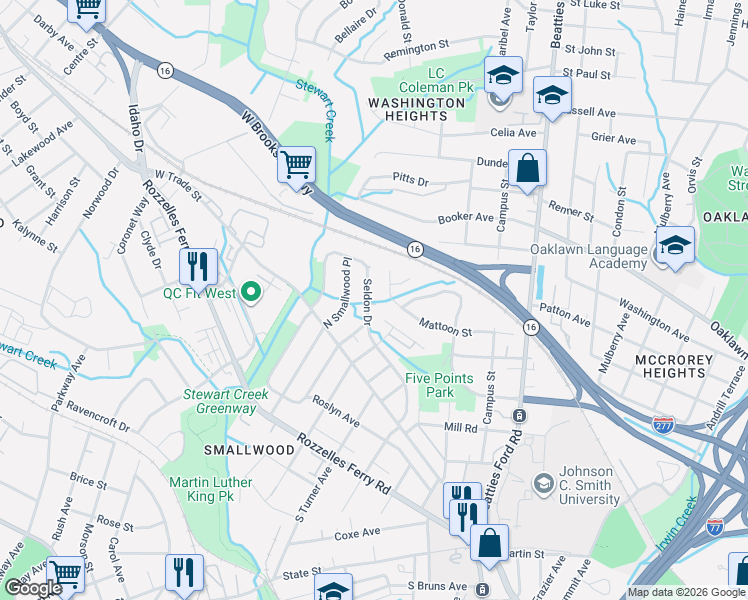 map of restaurants, bars, coffee shops, grocery stores, and more near 515 Seldon Drive in Charlotte