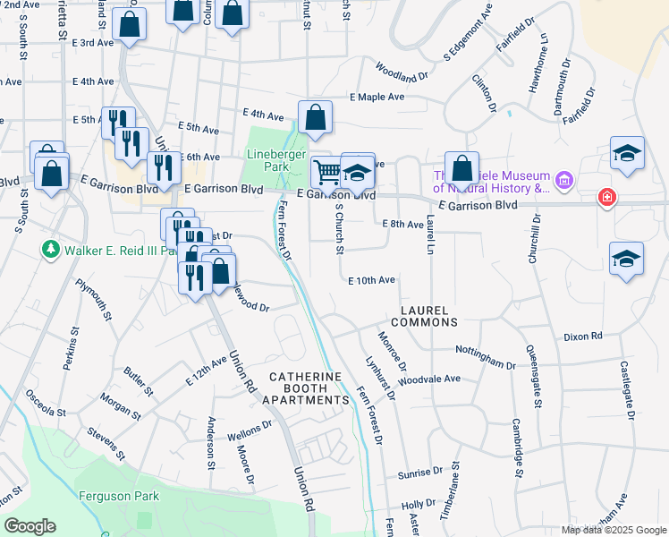map of restaurants, bars, coffee shops, grocery stores, and more near 1010 South Chestnut Street in Gastonia