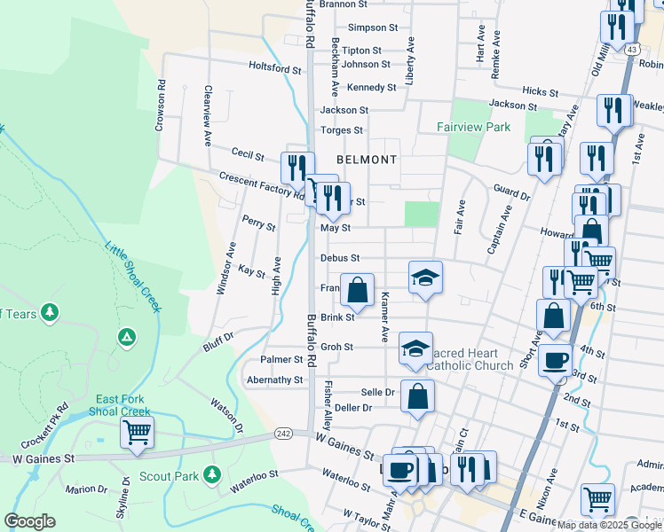 map of restaurants, bars, coffee shops, grocery stores, and more near 325 Debus Street in Lawrenceburg