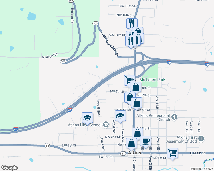 map of restaurants, bars, coffee shops, grocery stores, and more near 407 Northwest 8th Street in Atkins