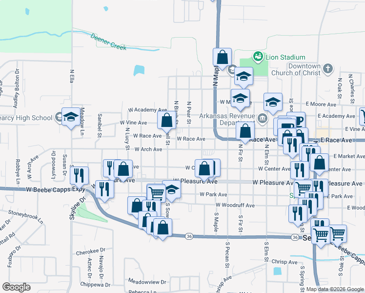 map of restaurants, bars, coffee shops, grocery stores, and more near 1004 West Arch Avenue in Searcy