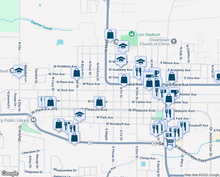 map of restaurants, bars, coffee shops, grocery stores, and more near 702 West Arch Avenue in Searcy