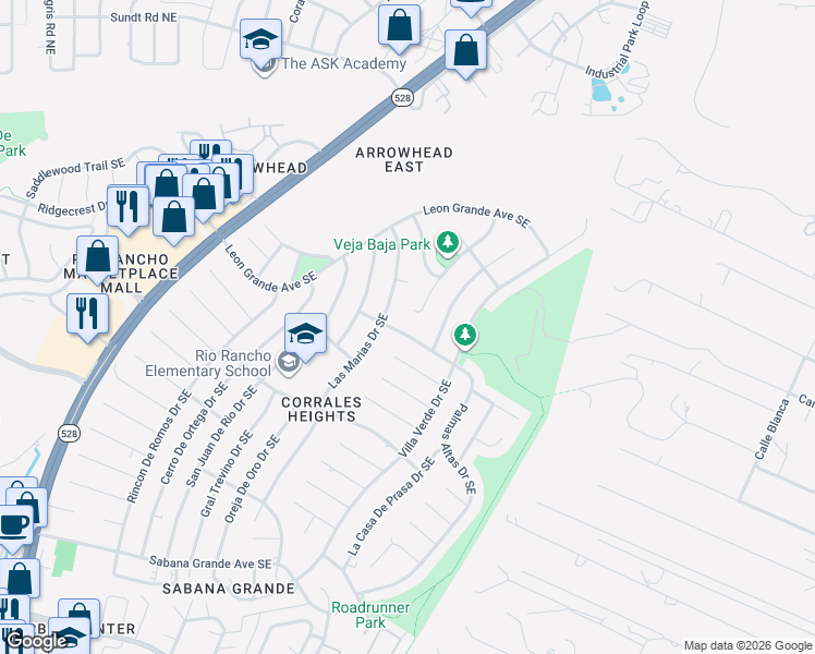 map of restaurants, bars, coffee shops, grocery stores, and more near 4702 Palmas Altas Drive Southeast in Rio Rancho