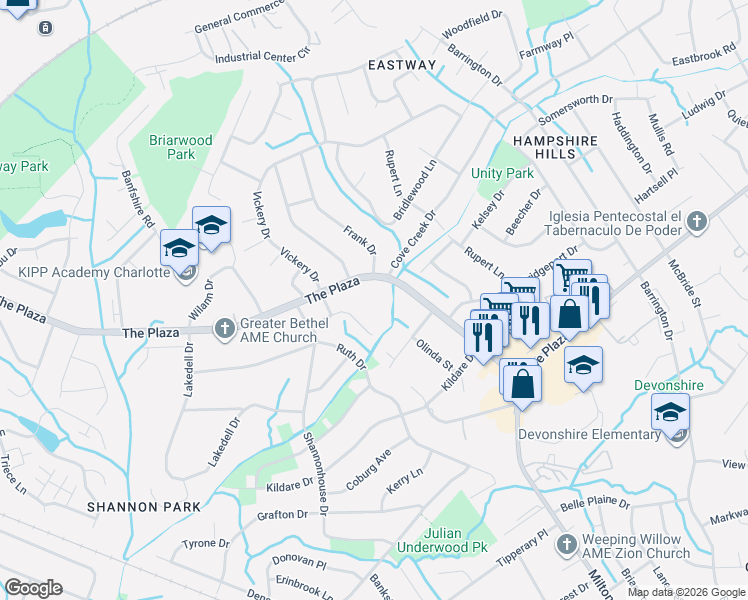 map of restaurants, bars, coffee shops, grocery stores, and more near 5600 The Plaza in Charlotte