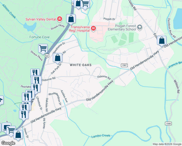 map of restaurants, bars, coffee shops, grocery stores, and more near 433 Osborne Road in Brevard
