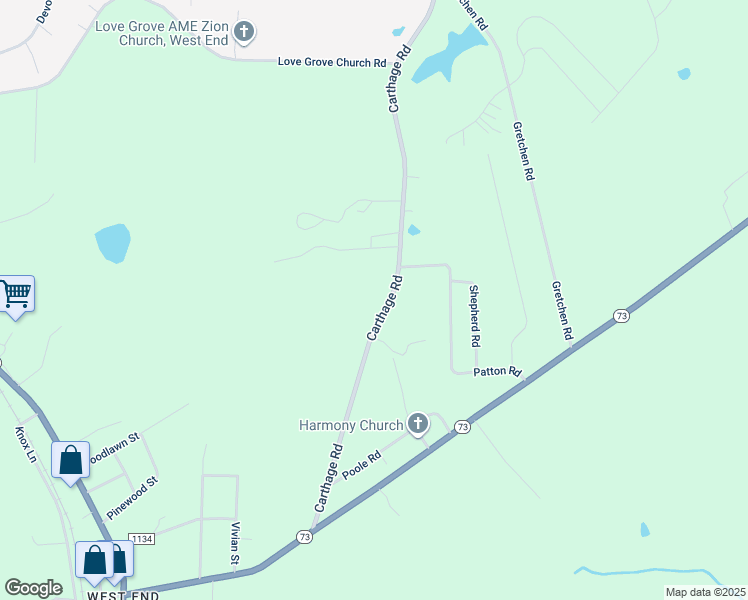 map of restaurants, bars, coffee shops, grocery stores, and more near Carthage Road in Moore County