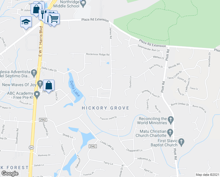 map of restaurants, bars, coffee shops, grocery stores, and more near 8104 Nikki Cole Drive in Charlotte