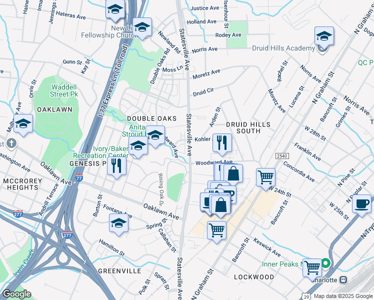 map of restaurants, bars, coffee shops, grocery stores, and more near 2103 Statesville Avenue in Charlotte