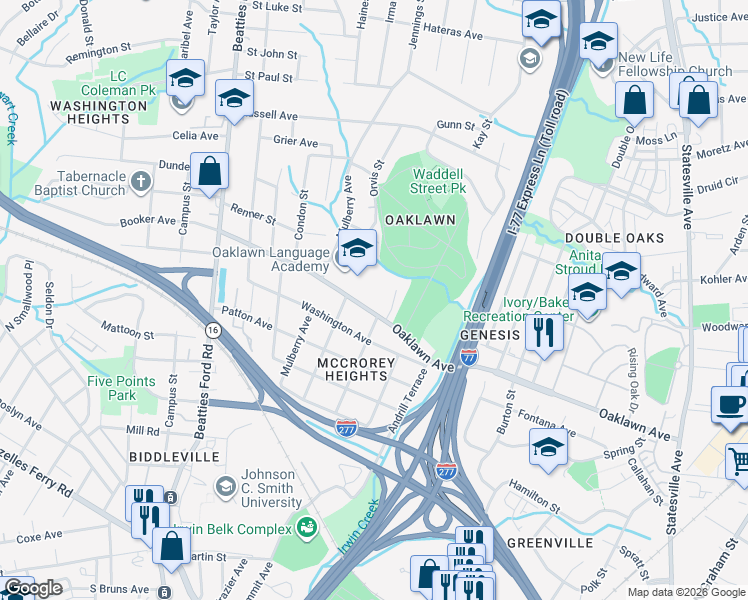 map of restaurants, bars, coffee shops, grocery stores, and more near 1713 Oaklawn Avenue in Charlotte