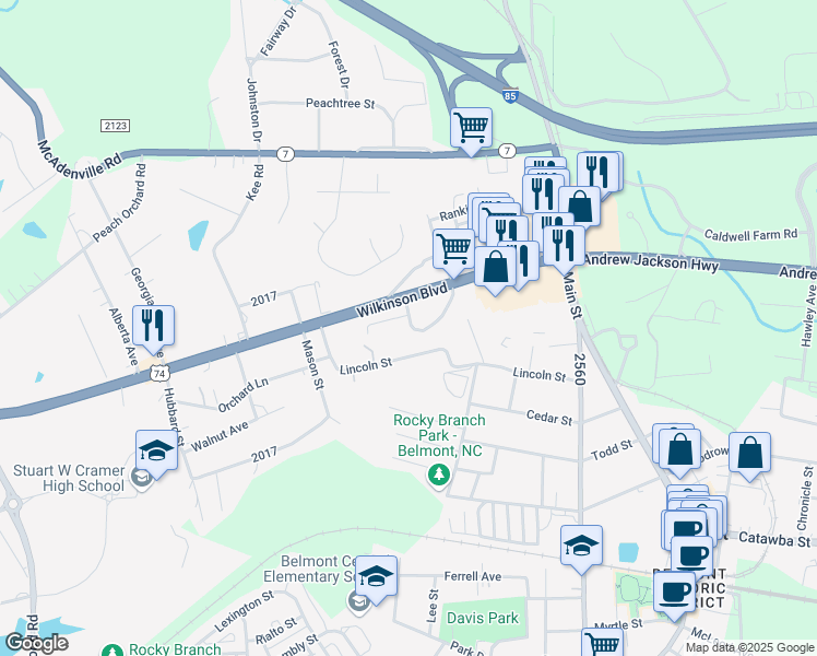 map of restaurants, bars, coffee shops, grocery stores, and more near 1010 Palisades Circle in Belmont