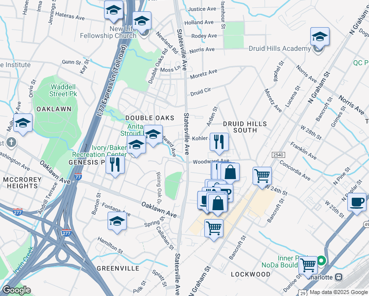 map of restaurants, bars, coffee shops, grocery stores, and more near 2103 Statesville Avenue in Charlotte