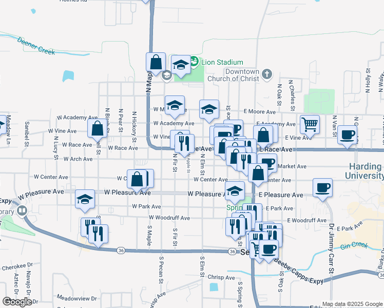 map of restaurants, bars, coffee shops, grocery stores, and more near 410 West Arch Avenue in Searcy