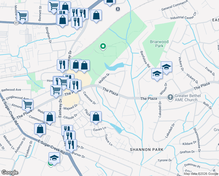 map of restaurants, bars, coffee shops, grocery stores, and more near 4825 The Plaza in Charlotte