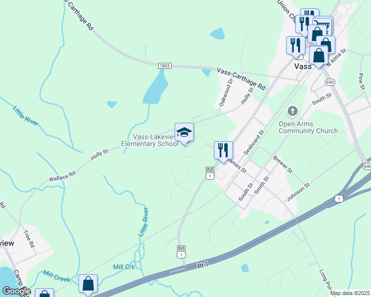 map of restaurants, bars, coffee shops, grocery stores, and more near 141 James Street in Vass