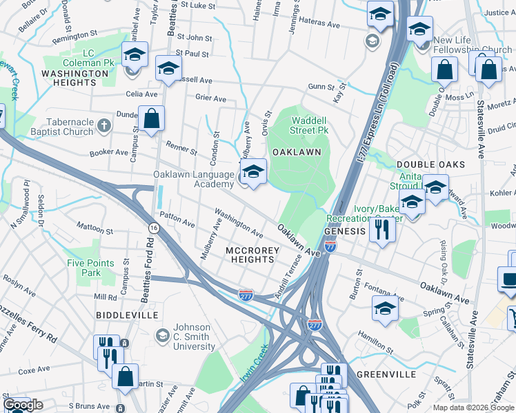 map of restaurants, bars, coffee shops, grocery stores, and more near 1713 Oaklawn Avenue in Charlotte