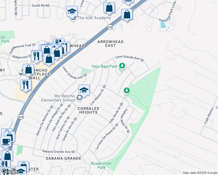 map of restaurants, bars, coffee shops, grocery stores, and more near 4702 Palmas Altas Drive Southeast in Rio Rancho