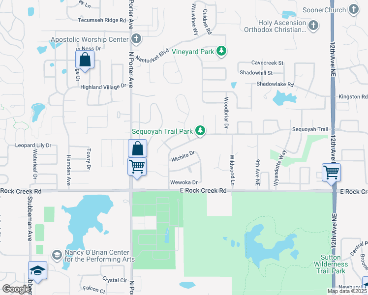map of restaurants, bars, coffee shops, grocery stores, and more near 313 Wichita Drive in Norman