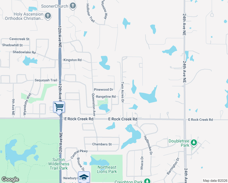 map of restaurants, bars, coffee shops, grocery stores, and more near 1621 Rangeline Road in Norman