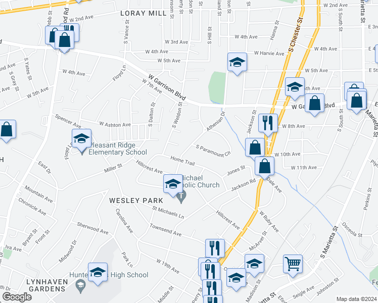 map of restaurants, bars, coffee shops, grocery stores, and more near 1014 Athenian Drive in Gastonia