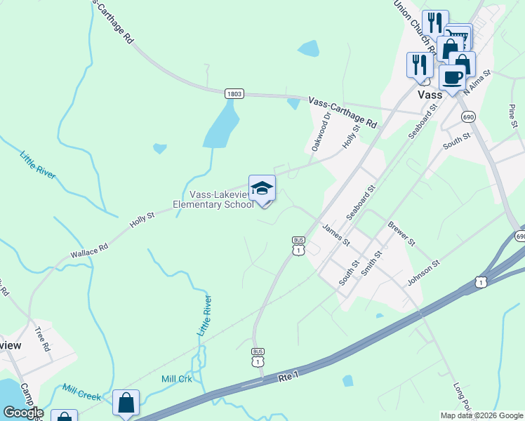 map of restaurants, bars, coffee shops, grocery stores, and more near 141 James Street in Vass