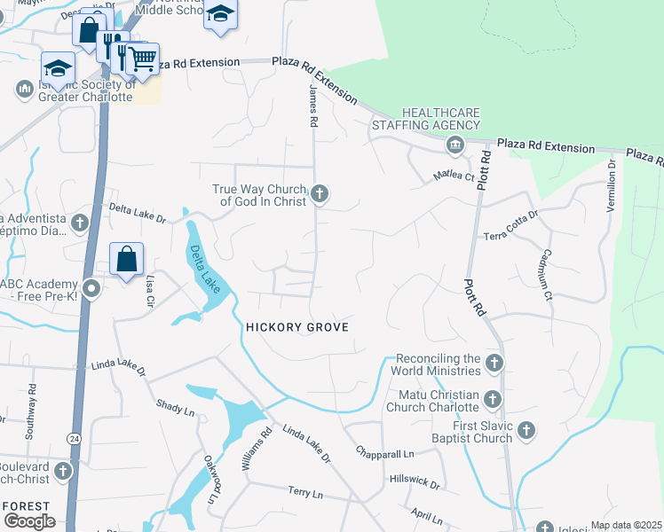 map of restaurants, bars, coffee shops, grocery stores, and more near 3125 James Road in Charlotte