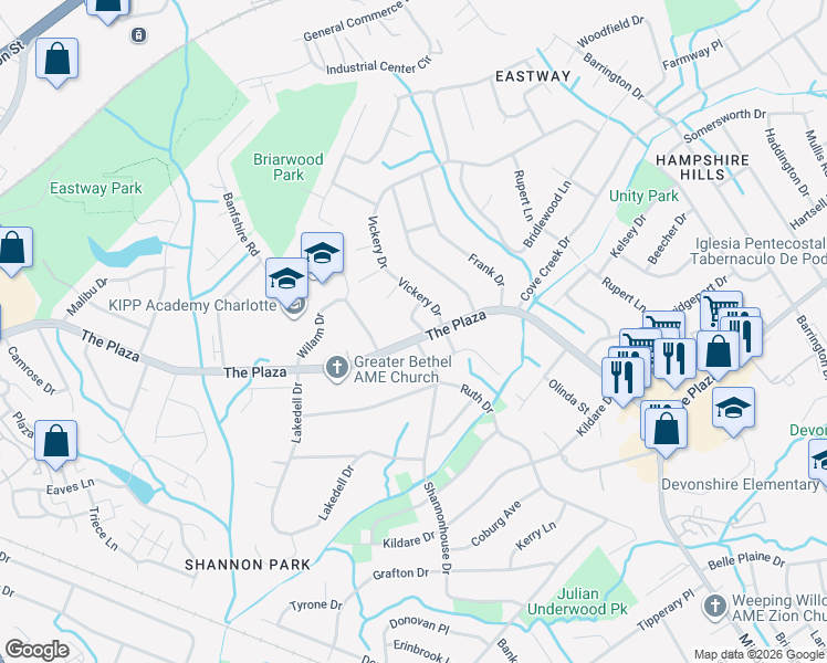 map of restaurants, bars, coffee shops, grocery stores, and more near 5400 The Plaza in Charlotte