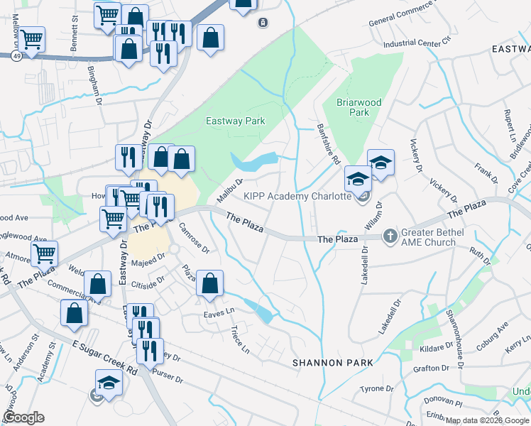 map of restaurants, bars, coffee shops, grocery stores, and more near 5015 Highlake Drive in Charlotte