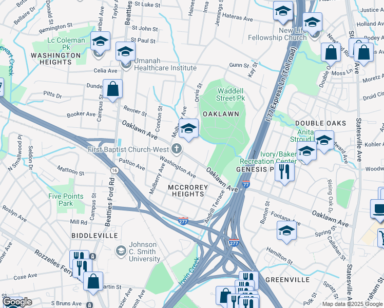 map of restaurants, bars, coffee shops, grocery stores, and more near 1713 Oaklawn Avenue in Charlotte