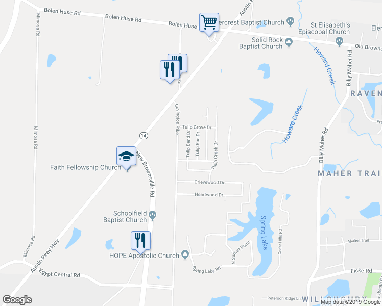 map of restaurants, bars, coffee shops, grocery stores, and more near 5634 Mandy Smith Lane in Memphis