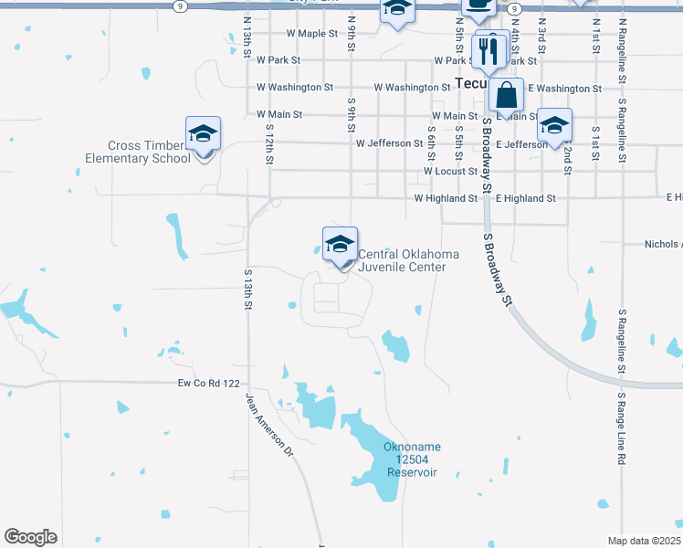 map of restaurants, bars, coffee shops, grocery stores, and more near 700 South 9th Street in Tecumseh